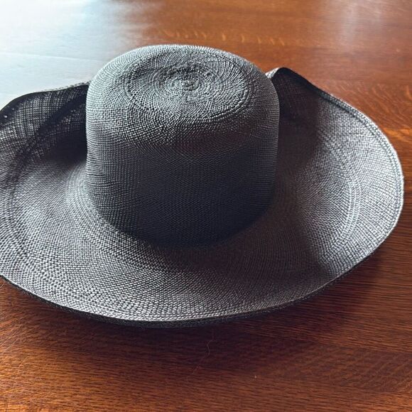 Vintage Black Fine Weave Wide Brim Straw Hat Sunflower Women’s Size Medium - Picture 5 of 13